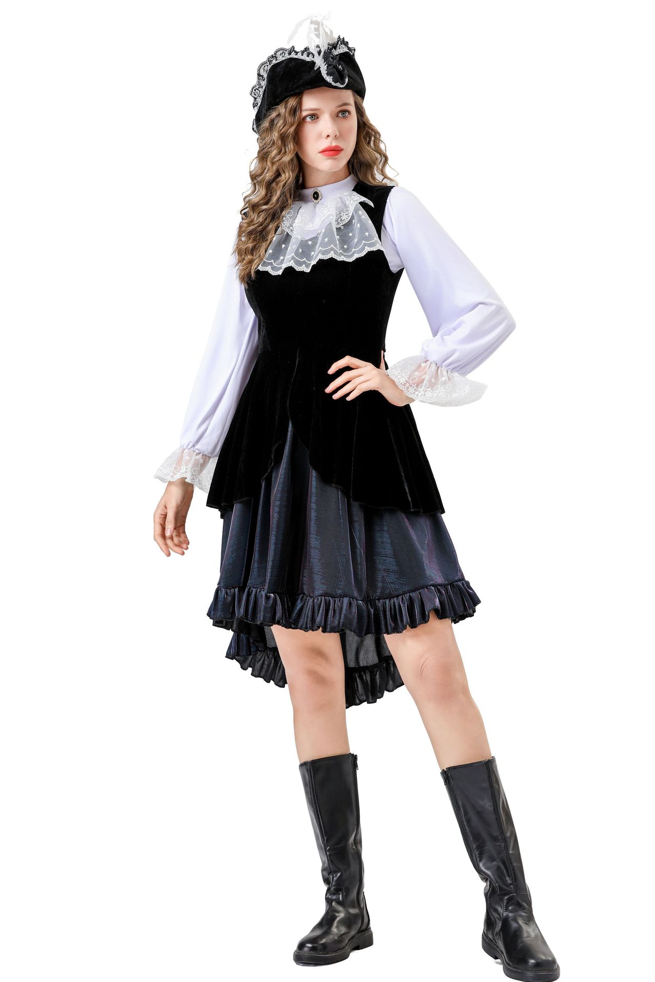 Halloween Victorian Gothic Steampunk Costume Dress with White Lace Details